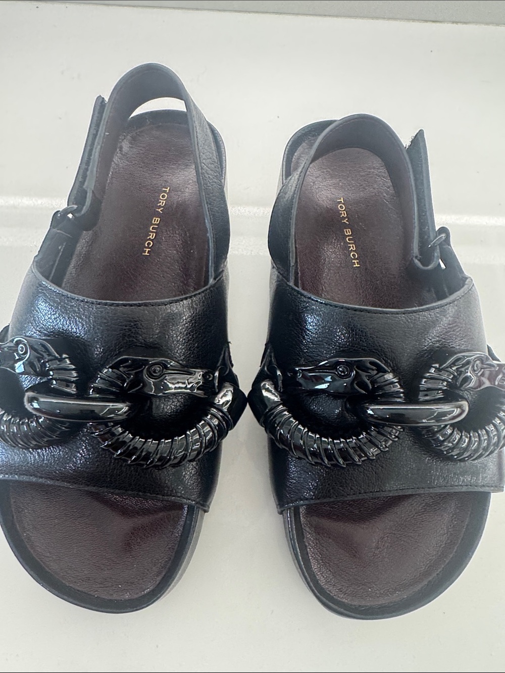 Tory Burch Black Leather Slingback Slides with Chain Accent - Picture 3 of 4